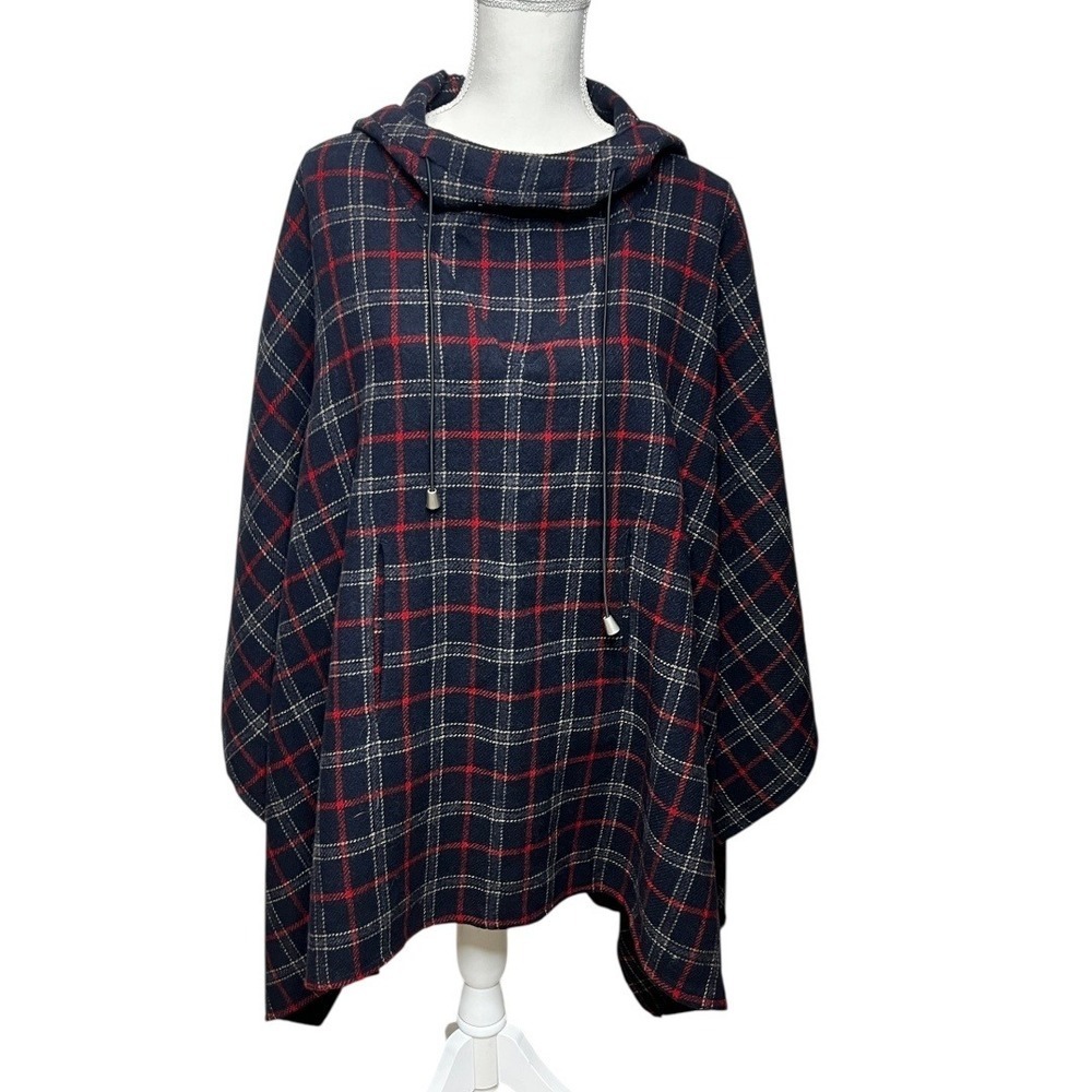 Vintage Harve Benard Hooded Wool Poncho Cape Navy Red Plaid Russia Size S Boho